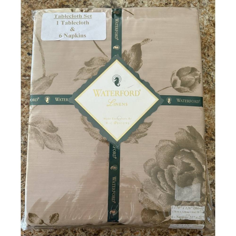 NOS Waterford Linens Tablecloth & 6 Napkins Chatelaine Pattern 70x126 Seat 10-12